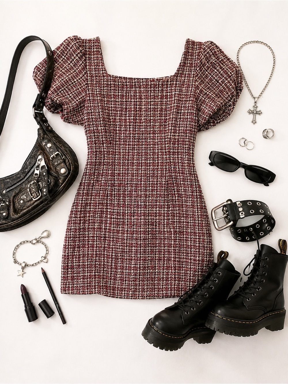SHEIN Tweed Puff Sleeve Mini Dress Size Small Burgundy Academia Coquette Dress